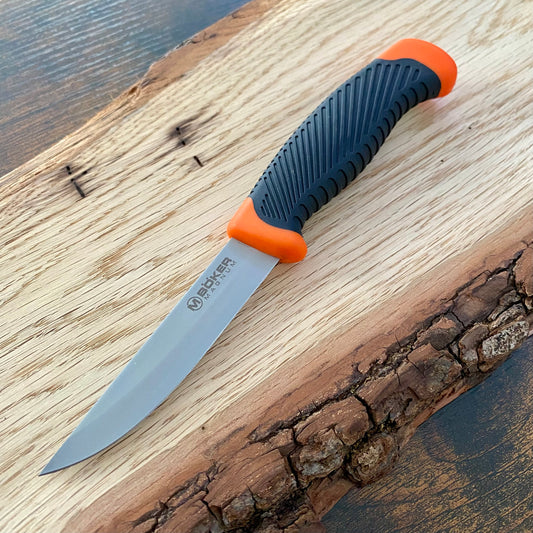 Feststehendes Messer Falun orange mit Kunststoffgriff schwarz/orange und Kunststoffscheide.